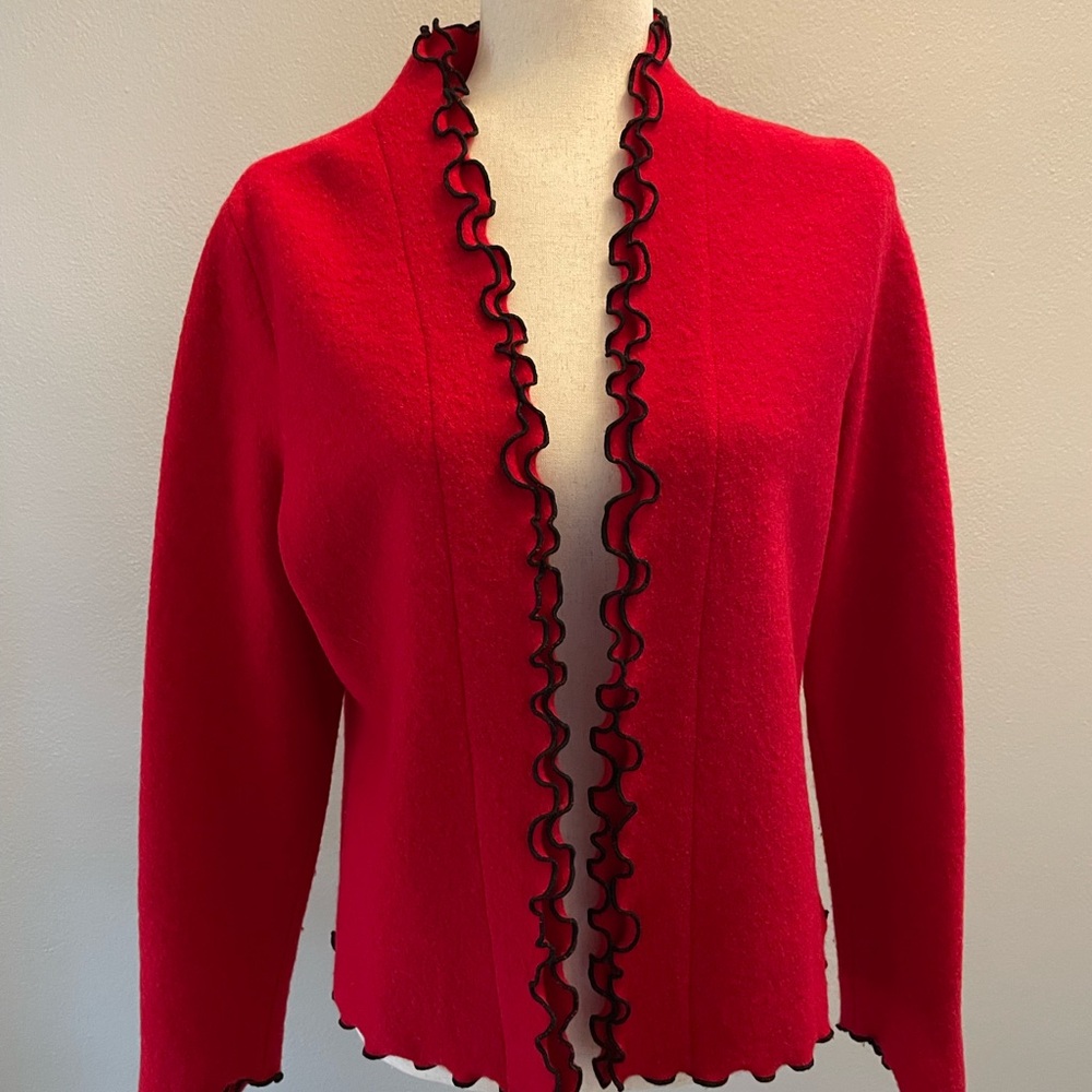 Elegant Red Women's Cardigan with Ruffle Trim